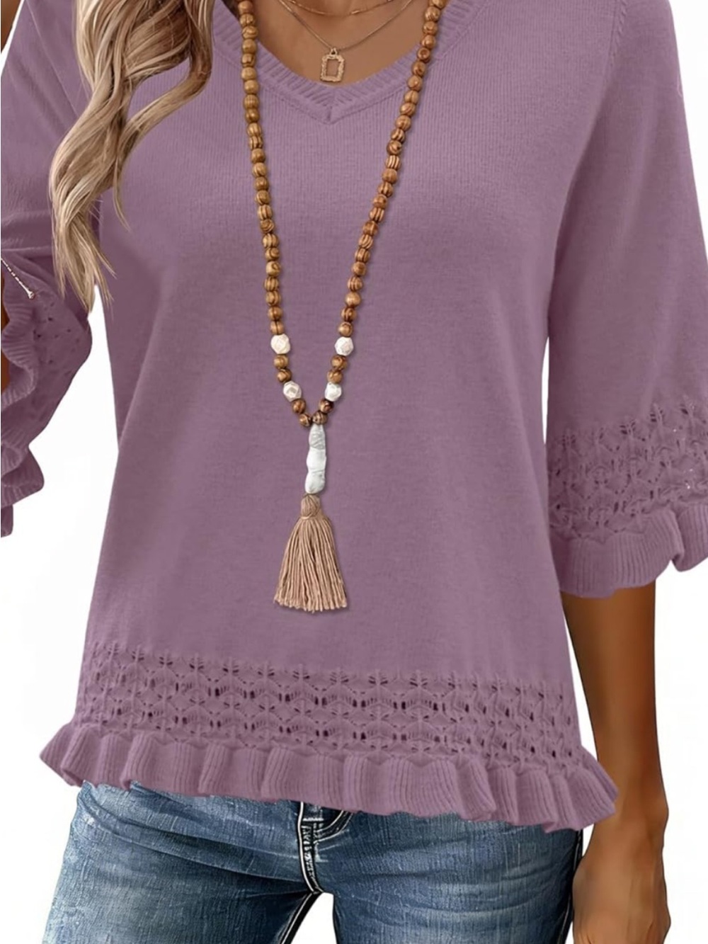 Lomon Boho V-Neck Crochet Trim Ruffle Hem Top - Gray Purple 3/4 sleeves
